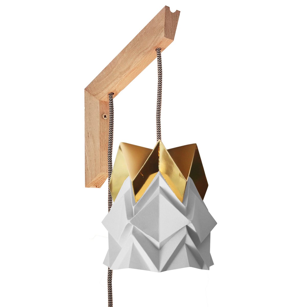 Holzwandleuchte und kleine zweifarbige Origami-Papierpendelleuchte