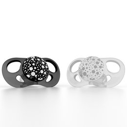 Set of 2 pacifiers for infants 4 months and up, featuring black and white designs with polka dot patterns.