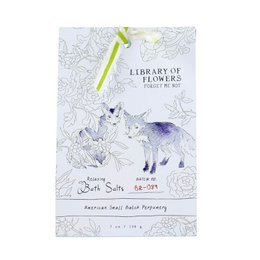 Forget Me Not Bath Salts, a relaxing and soothing bath product with a floral scent, packaged in a decorative box featuring an illustration of a wolf.