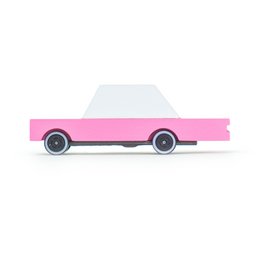  Pink sedan toy car with white roof, rounded shape, classic retro style design for children.