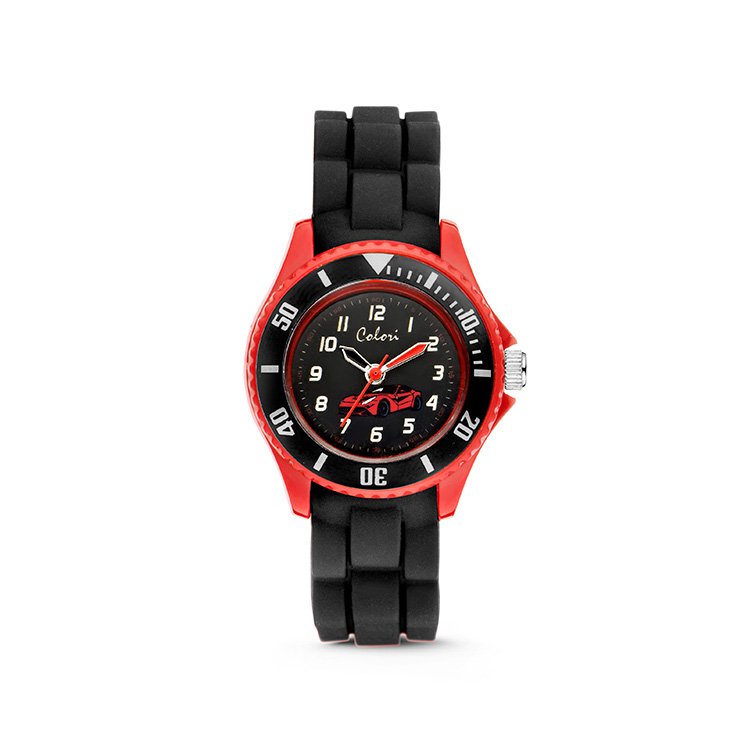 Colori Kidz 5-CLK060 Orologio da bambino con macchina da corsa - Cinturino in silicone - Ø 30 mm - Nero
