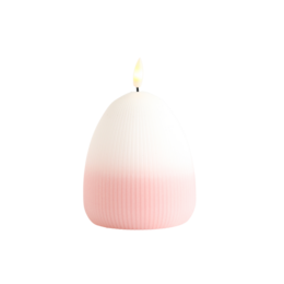 White egg-shaped LED candle with a flickering flame, sitting on a pastel-colored box.