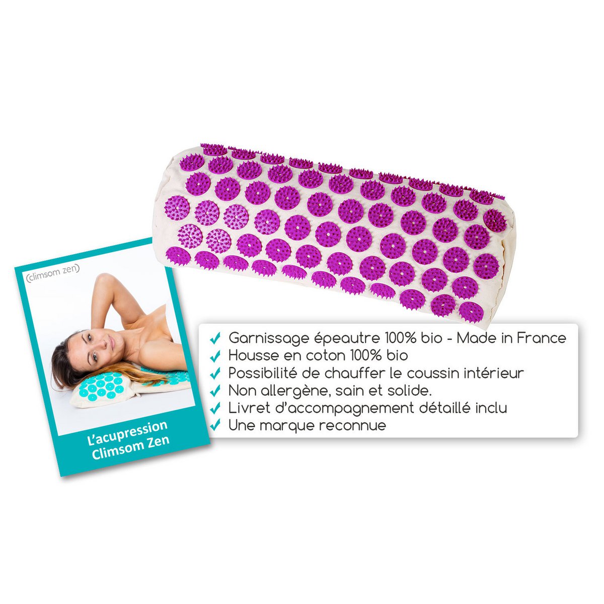 Coussin d'acupression et de thermothérapie, textiles et garnissages 100% bio Climsom Zen