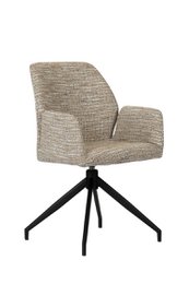 Upholstered dining chair with a swivel base, featuring a neutral-toned textured fabric and a sleek black metal frame.