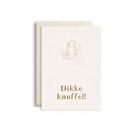 Greeting card with a cute bunny illustration and the text "Dikke knuffel!" (Big hug!) in a warm, earthy color palette. Suitable for baby showers, new parents, or any occasion to send a heartfelt message.