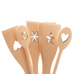 Ensemble d'ustensiles de cuisine en bois 6 pièces avec motif (cuillères de cuisine, spatules)