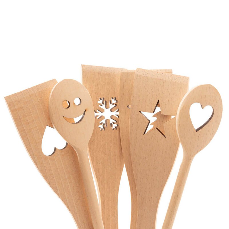 Ensemble d'ustensiles de cuisine en bois 6 pièces avec motif (cuillères de cuisine, spatules)