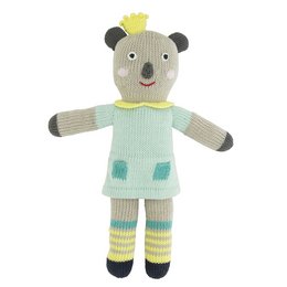 Soft, plush knitted koala plushie in mint green with yellow accents.