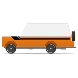 Orange toy mule truck with white cargo bed, black stripe detail, wheels, rectangular shape.