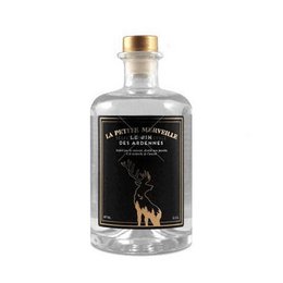 A clear glass bottle with a gold-colored cap, containing a clear liquid. The label features a black and white illustration of a deer or stag.