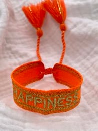 Vibrant orange charm bracelet with 'Happiness' text. Woven bracelet design with adjustable closure.