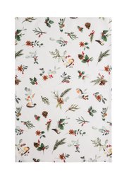  White tea towel with Christmas magic festive winter botanical pattern, holly, berries, leaves design.