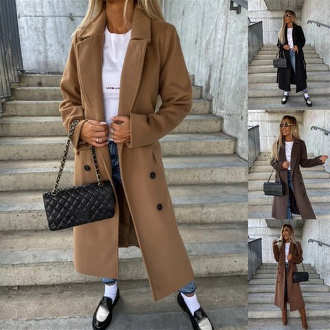 Double-breasted Lapel Split Jacket With Belt Winter Fashion Casual Long Sleeve Button Daily Coats For Women Clothing