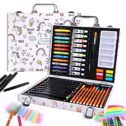 A multi-function drawing case with a variety of art supplies including colored pencils, markers, and a storage compartment. The case features a polka dot design and is suitable for artists, students, and creative individuals.