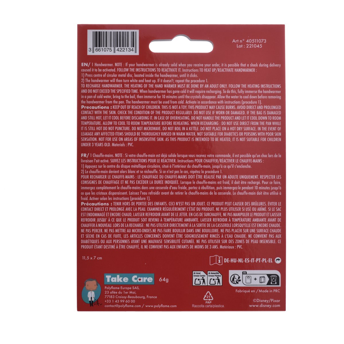 Chaufferette Mains Disney Cars en Blister – Assortiment 24