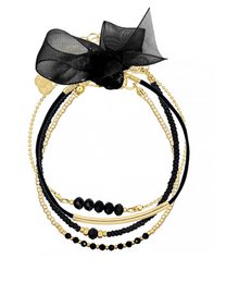 A set of three elegant bracelets in gold, rose gold, and light silver tones, featuring a chic black and metallic design. The bracelets are made of beads and have a stylish, minimalist appearance.