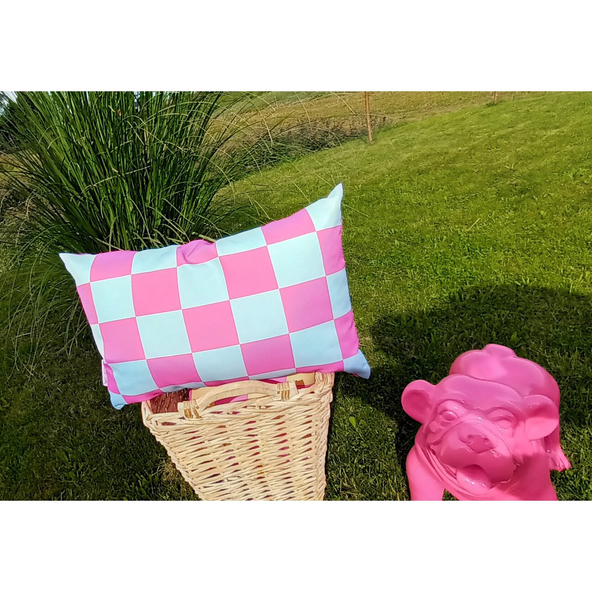 Outdoor Kussen geblokt/hart 40x60 (blauw/roze)