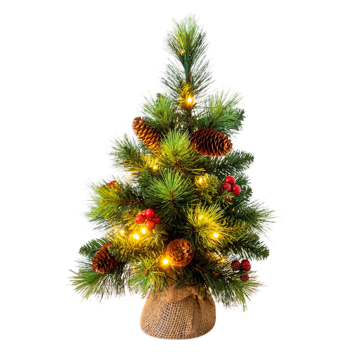 Arbre de Noël LED avec des baies et des pommes de pin - H: 45 cm