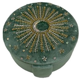 Round jewelry box, green with gold sunburst pattern, celestial stars, decorative storage container.