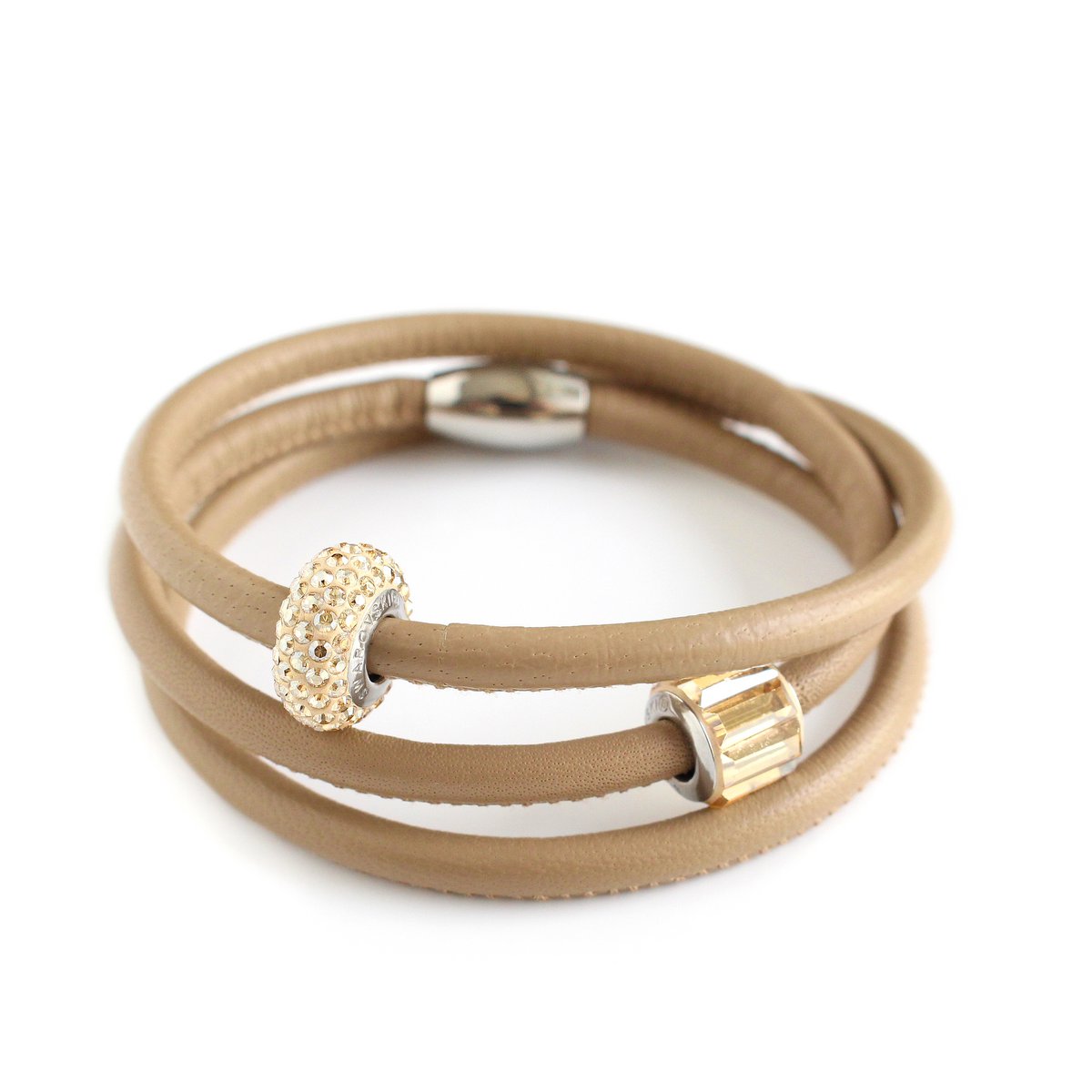 Beige triple wrap leather bracelets with Golden Shadow pavé crystals