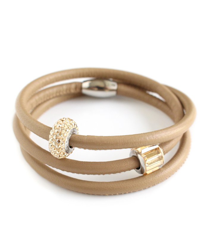 Beige triple wrap leather bracelets with Golden Shadow pavé crystals