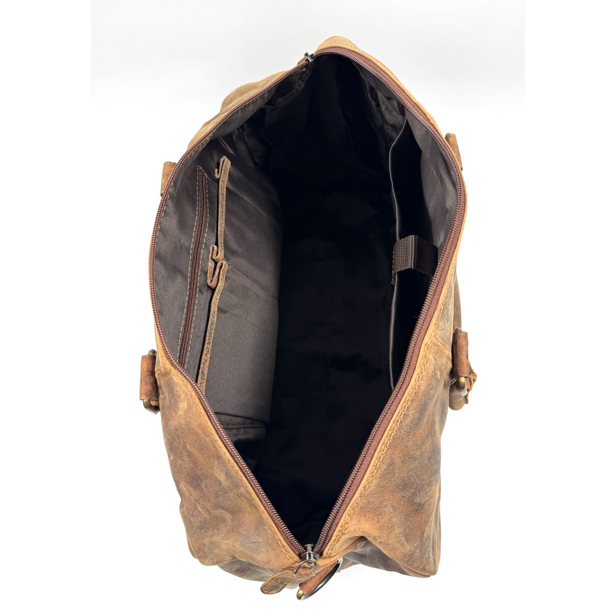 Ręcznie robiona brązowa skórzana torba podróżna „Hunter” – kompaktowa torba Artisan 45 cm z bezpieczną przegrodą na rzep