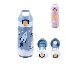 A double-walled stainless steel drinking bottle for children in a pink and rainbow color scheme, with a variety of shapes and patterns including stars, hearts, and a rainbow.