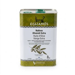  Extra virgin olive oil, golden-green liquid, metal canister, 3 liter, olive branch design, Mediterranean style packaging