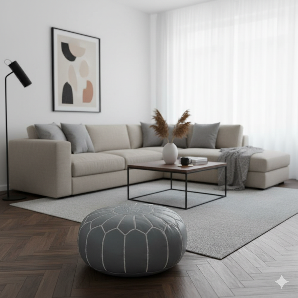 Pouf marocchino in pelle grigia