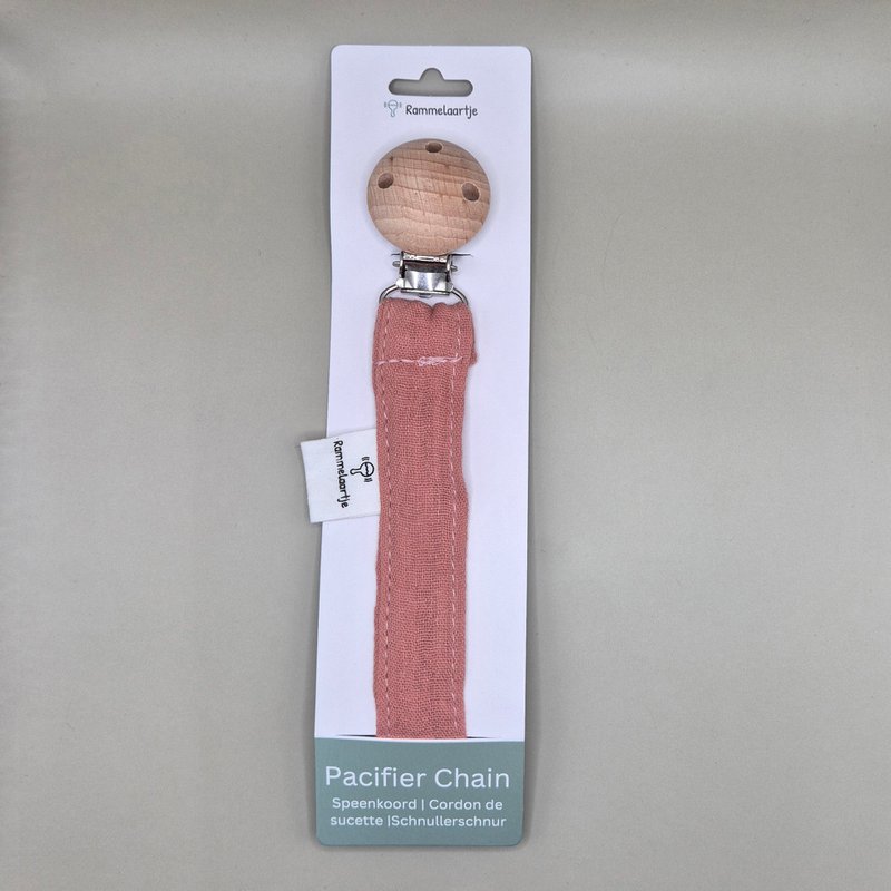 Pacifier chain made of hydrophilic fabric with wooden fastening clip - Old pink