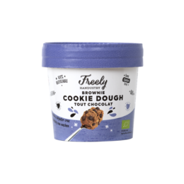 Chocolate-flavored cookie dough dessert in a round container with a purple lid.