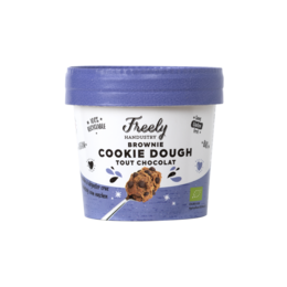 Chocolate-flavored cookie dough dessert in a round container with a purple lid.