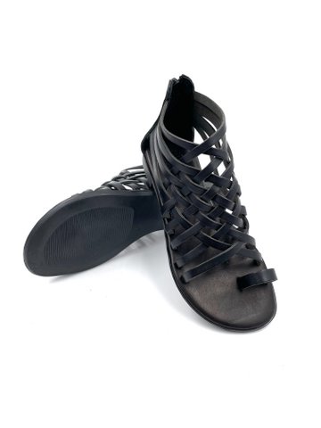 Zwarte gladiatorsandalen voor dames, lederen gladiatorsandalen in totaal zwart, Griekse zomersandalen leer, oude Griekse ronde teensandalen