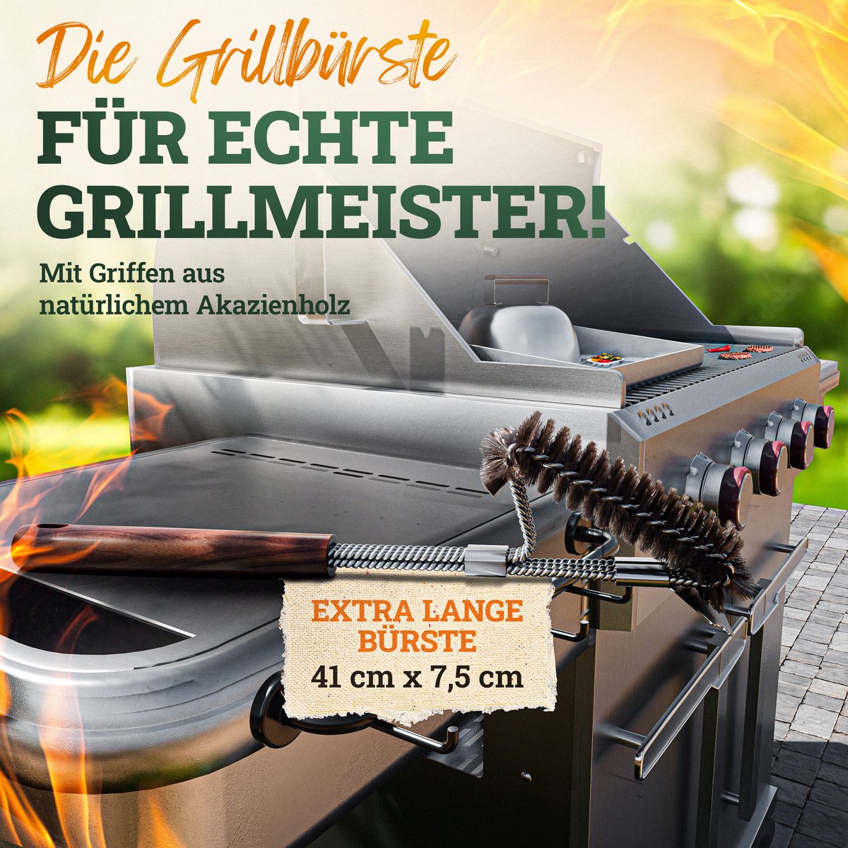 Premium grillbørste rustfrit stål med skraber og greb lavet af acacia træ