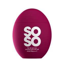 A pink oval-shaped salt shaker with the text "SOSO" printed in white.