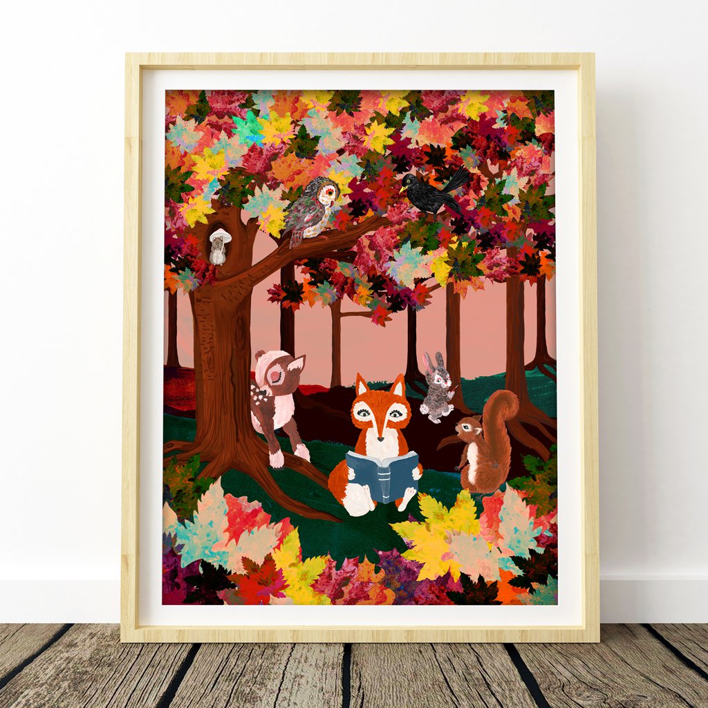Stampa della foresta autunnale degli animali del bosco