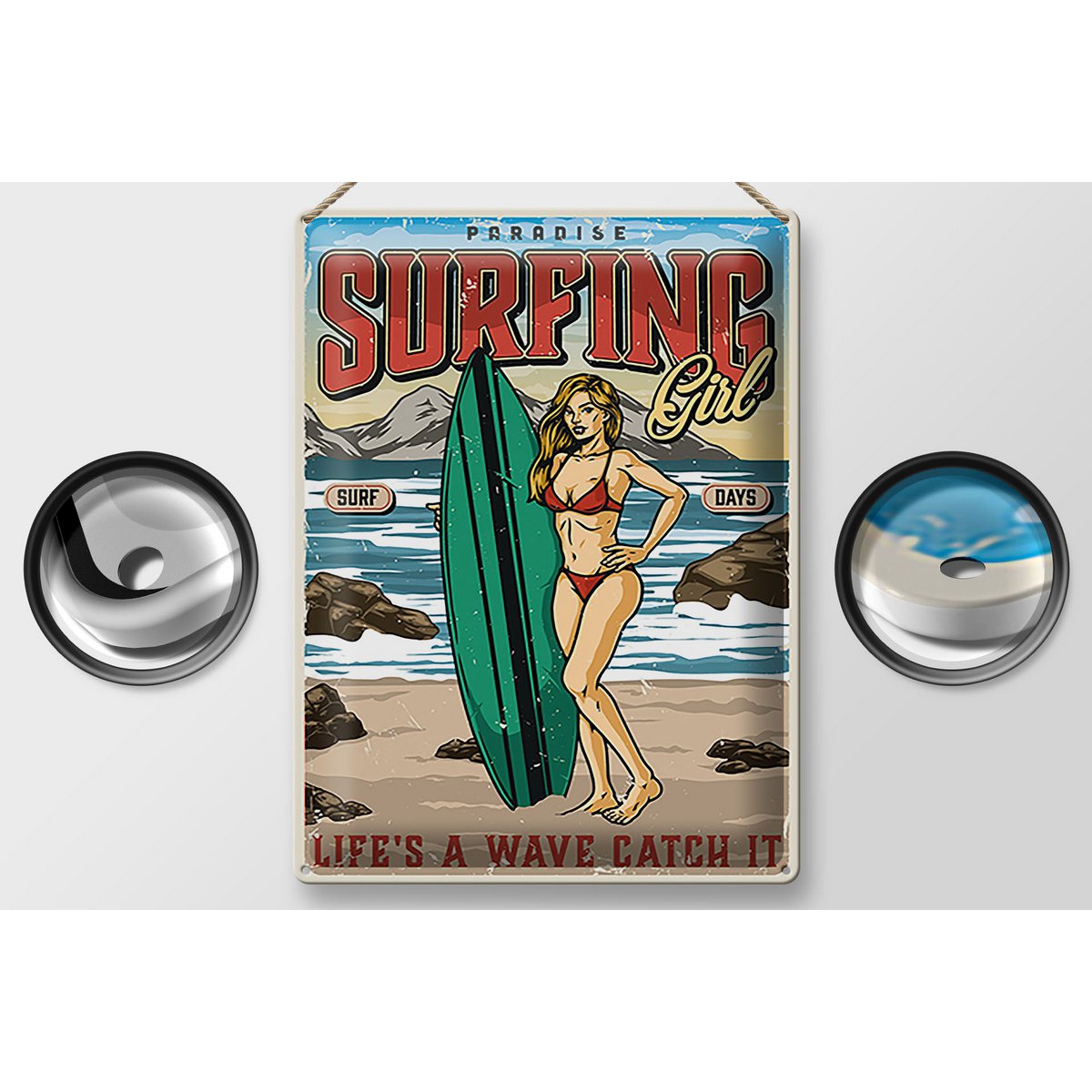 Blechschild Pinup 30x40cm Surfing Girl Paradise Sommer