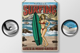 Blechschild Pinup 30x40cm Surfing Girl Paradise Sommer
