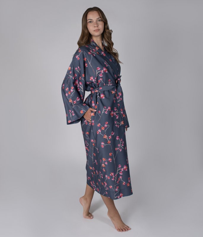 Sateen bathrobe kimono Inspired Dark Blue