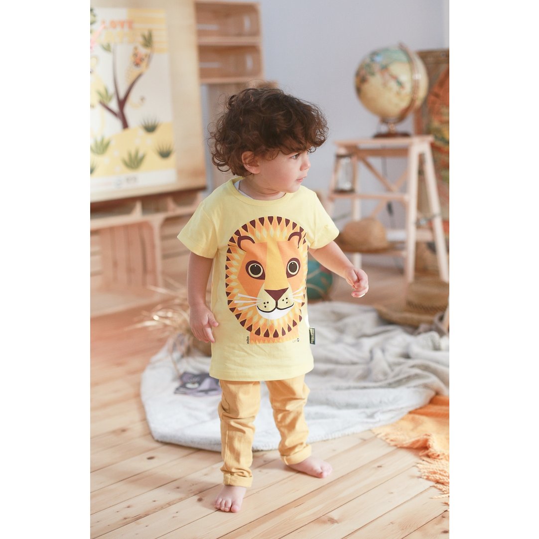 Kortærmet børne-t-shirt, økologisk bomuld, gul, Lion