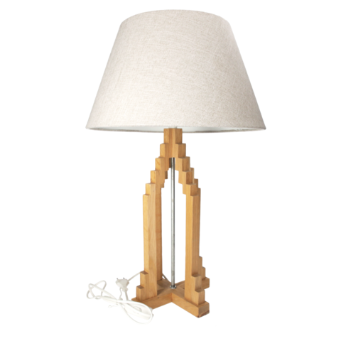 Pyramidenlampe mit Lampenschirm H 65 T 40 cm aus naturbraunem Holz