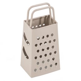 A small, taupe-colored grater with a perforated design and a handle for easy grating. The grater is shown on a plate with a piece of cheese, likely for grating.