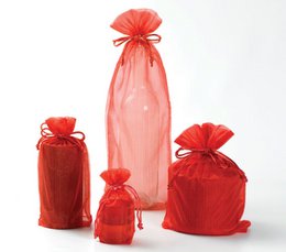 Red and multicolor chiffon organza gift bags, small drawstring pouches, various sizes and colors available.