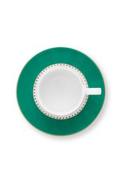 Set/2 Espresso Cups & Saucers Love Birds Stripes Emerald-Green
