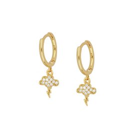 Gold-tone hoop earrings with dangling crystal embellished charms. Elegant and stylish accessory for any occasion.