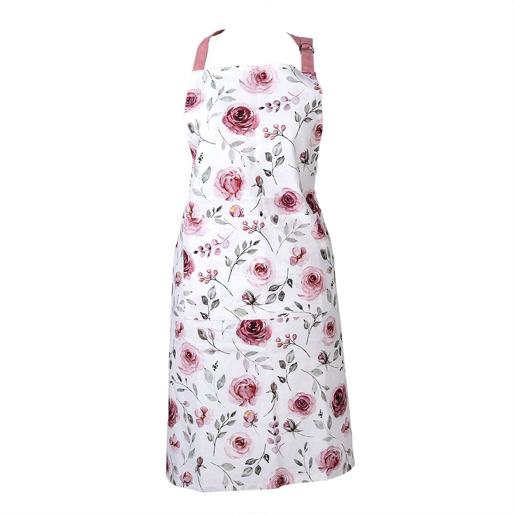 Kitchen Apron 70x85 cm White Pink Cotton Roses BBQ Apron
