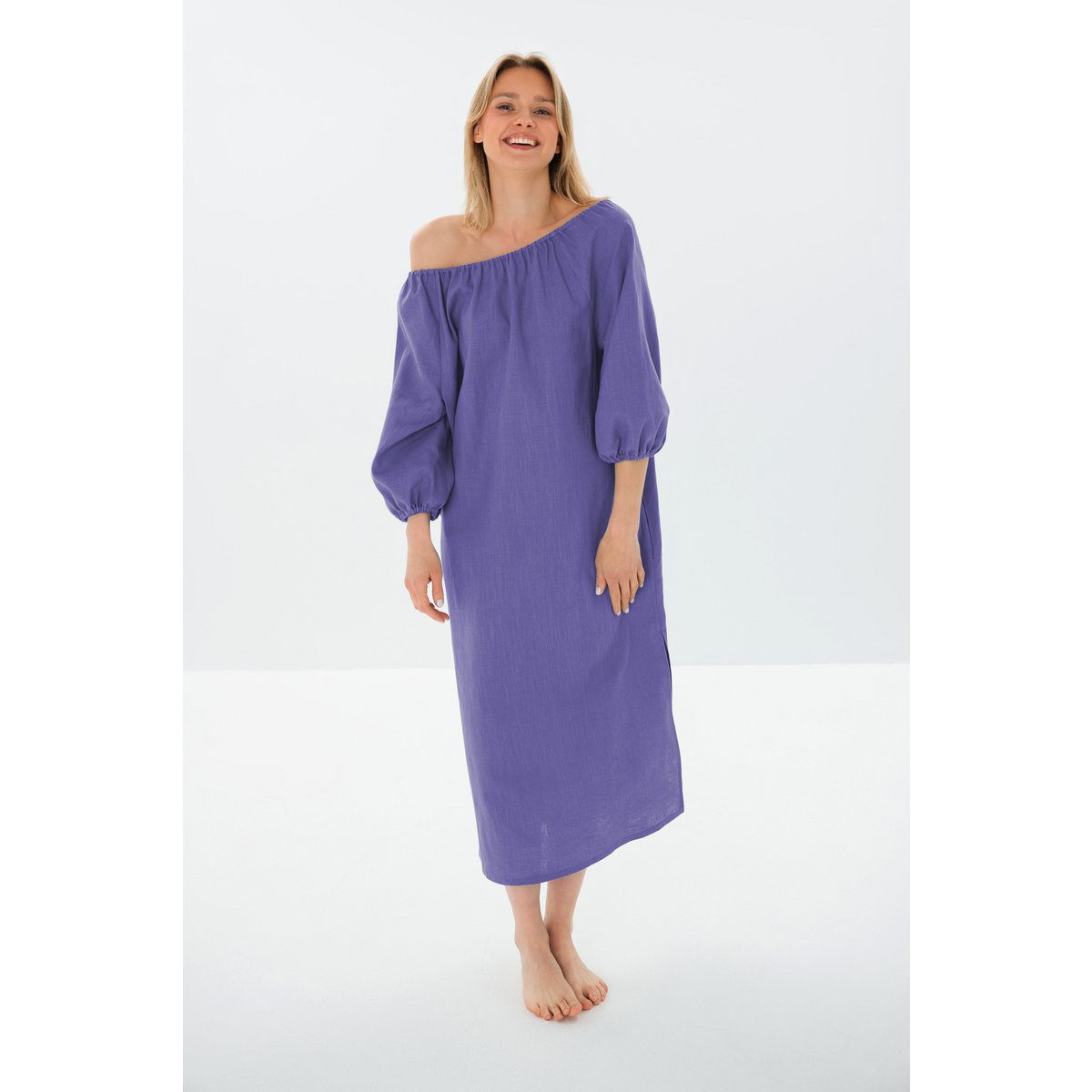 MOON — Vestido midi de lino lavado a la piedra con hombros descubiertos