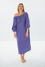 MOON — Vestido midi de lino lavado a la piedra con hombros descubiertos