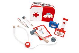 A red and white doctor's medical kit with various medical supplies and tools, including a stethoscope, thermometer, and bandages. The kit appears to be designed for children's play and imagination.
