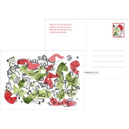 Colorful Christmas card with whimsical illustrations of Santa, presents, and other holiday elements.